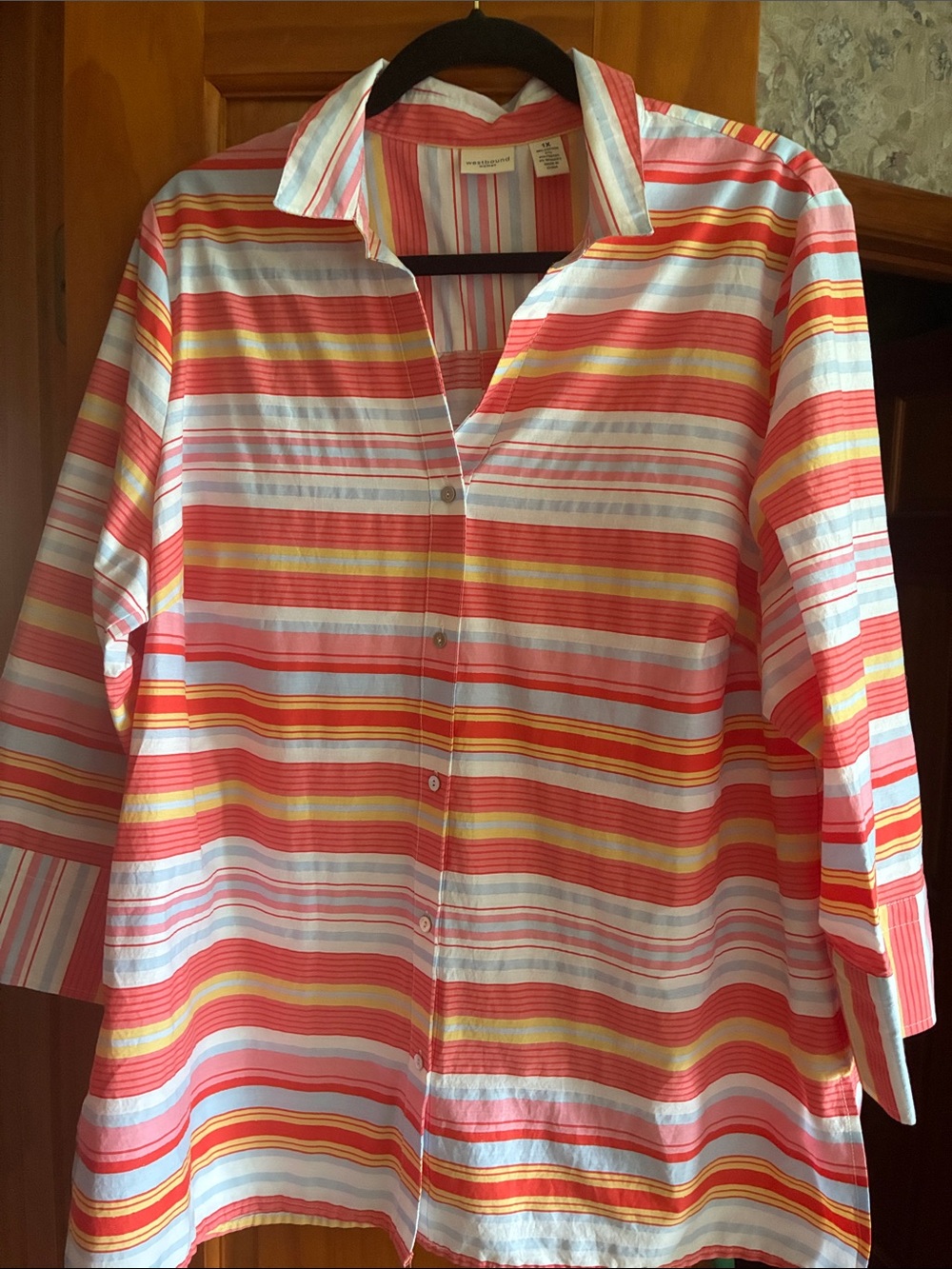 Westbound Woman Striped Button-Front Shirt in Coral & Blue